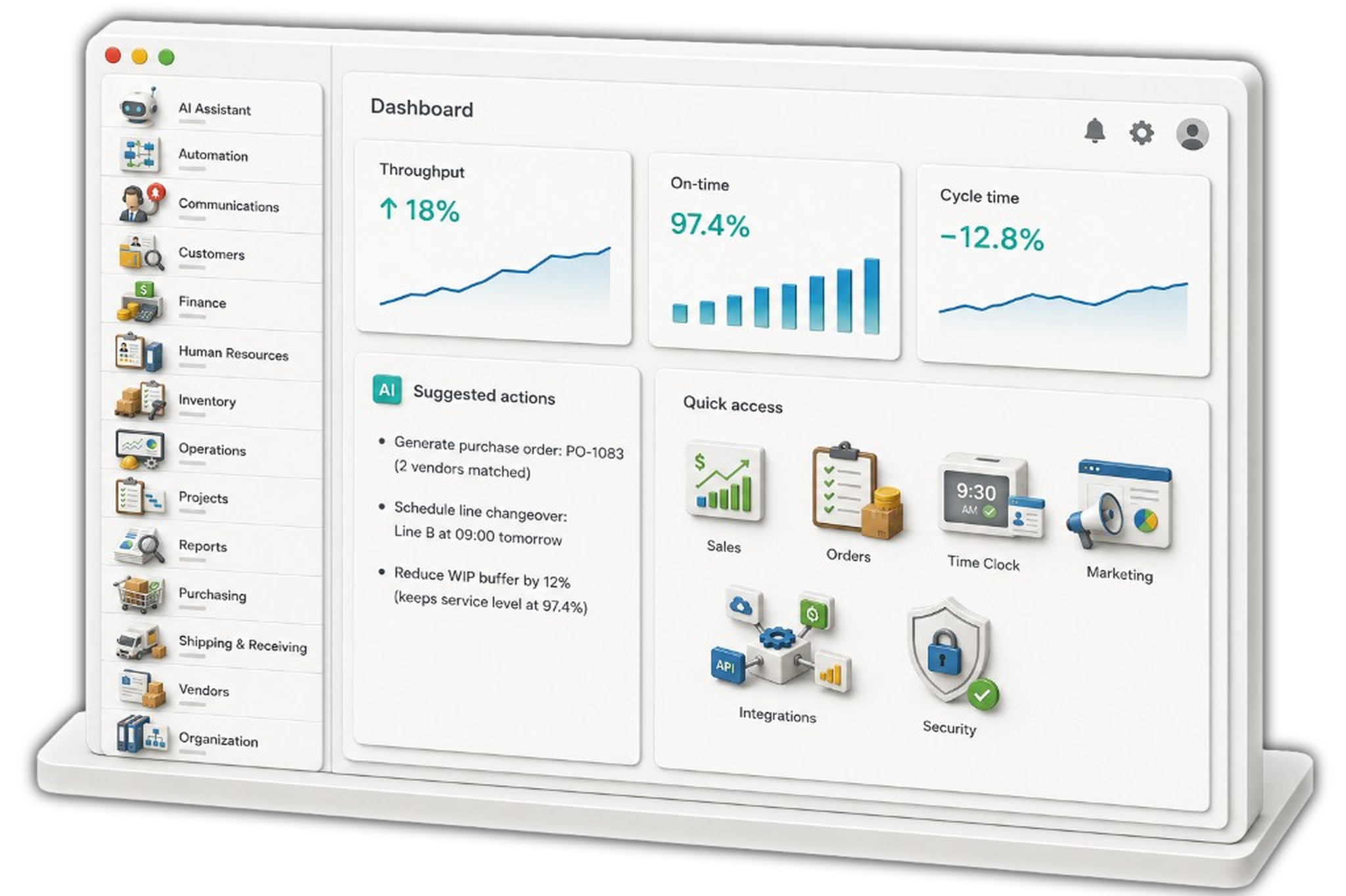 Faster Production dashboard showing throughput, on-time delivery, AI suggested actions, and quick access modules